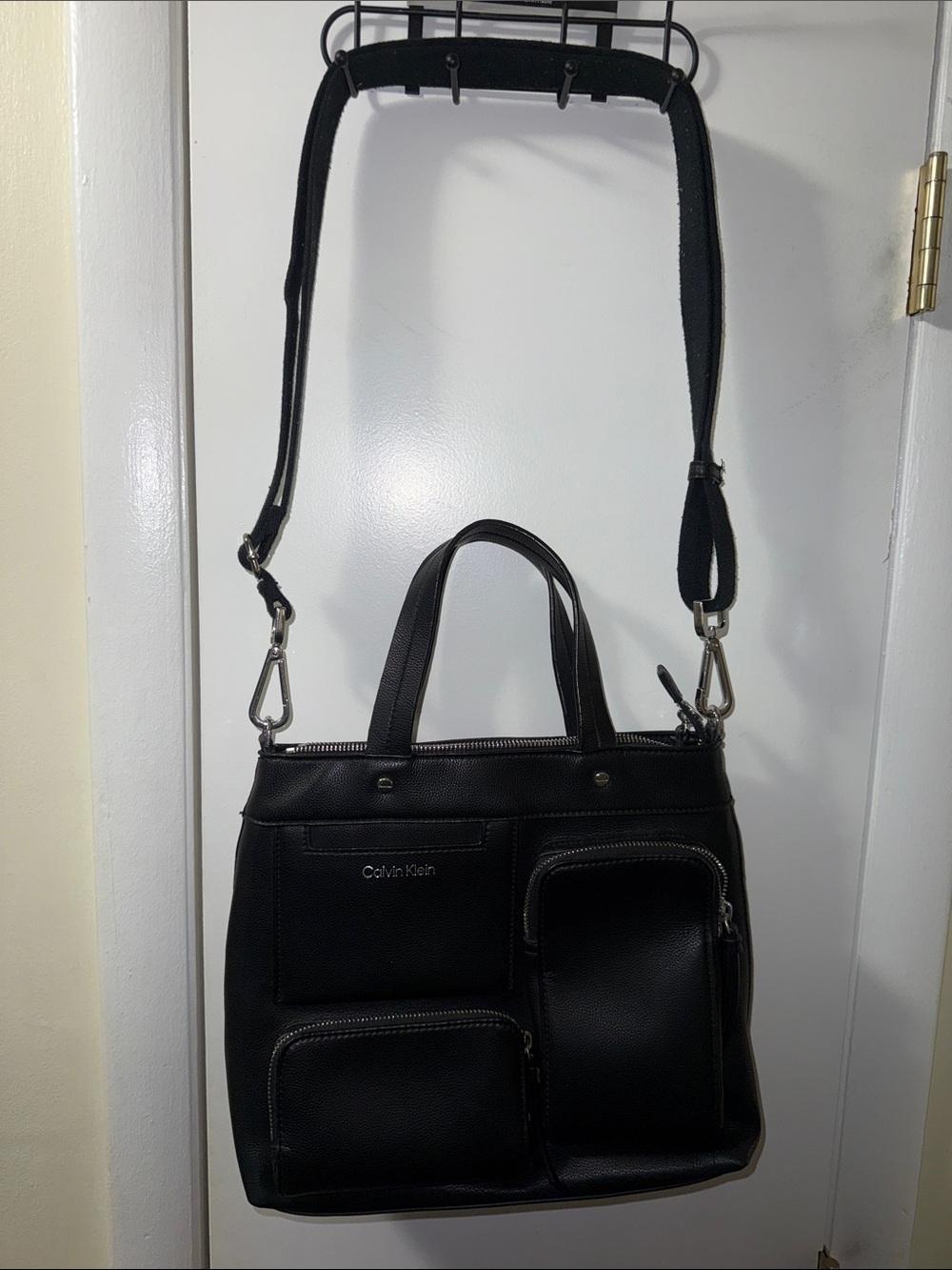 Calvin Klein Black Pebbled Crossbody Tote with Multiple Zip Pockets